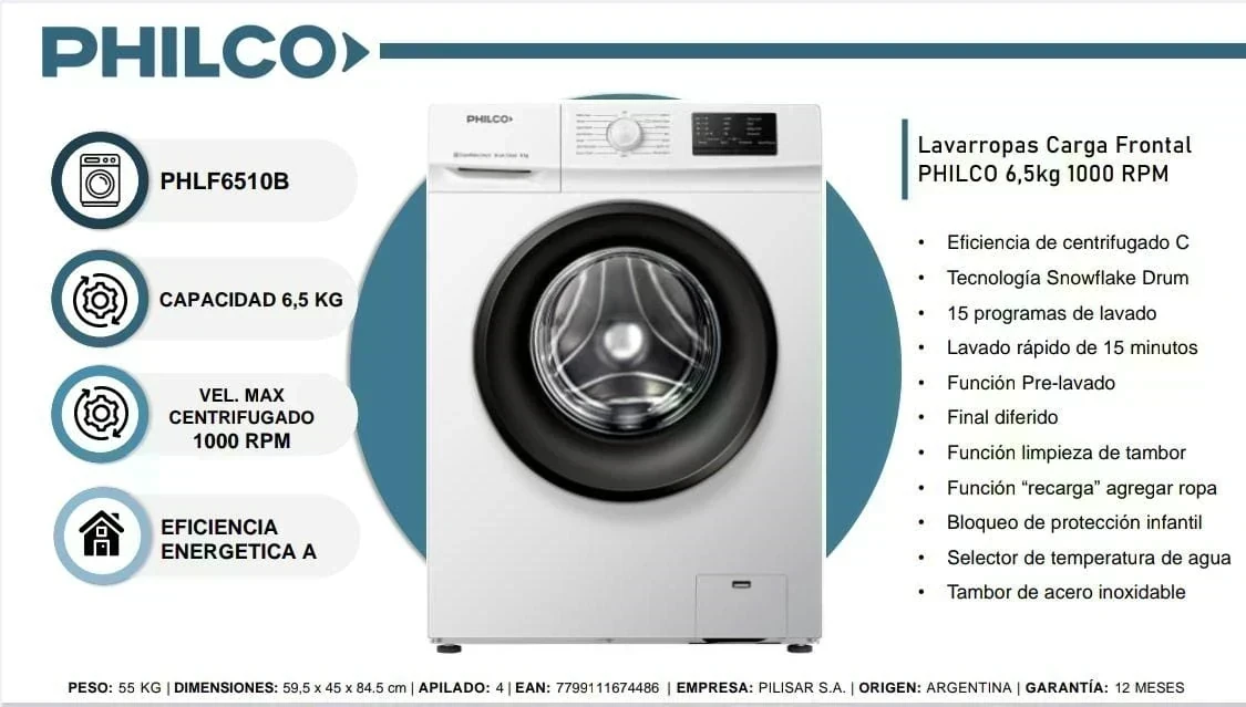 LAVARROPAS PHILCO 6.5KG