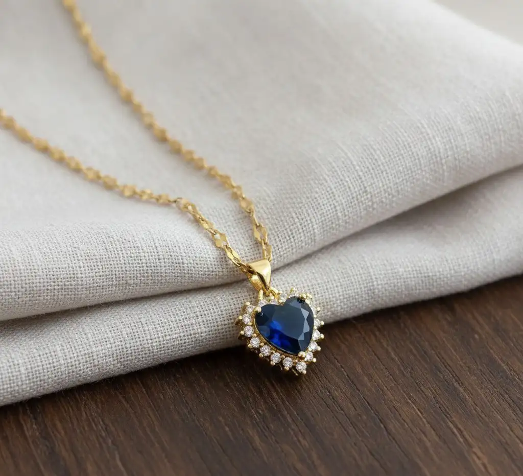 Cadena Y Dije En Acero Con Piedra Circon De Corazon Azul  4