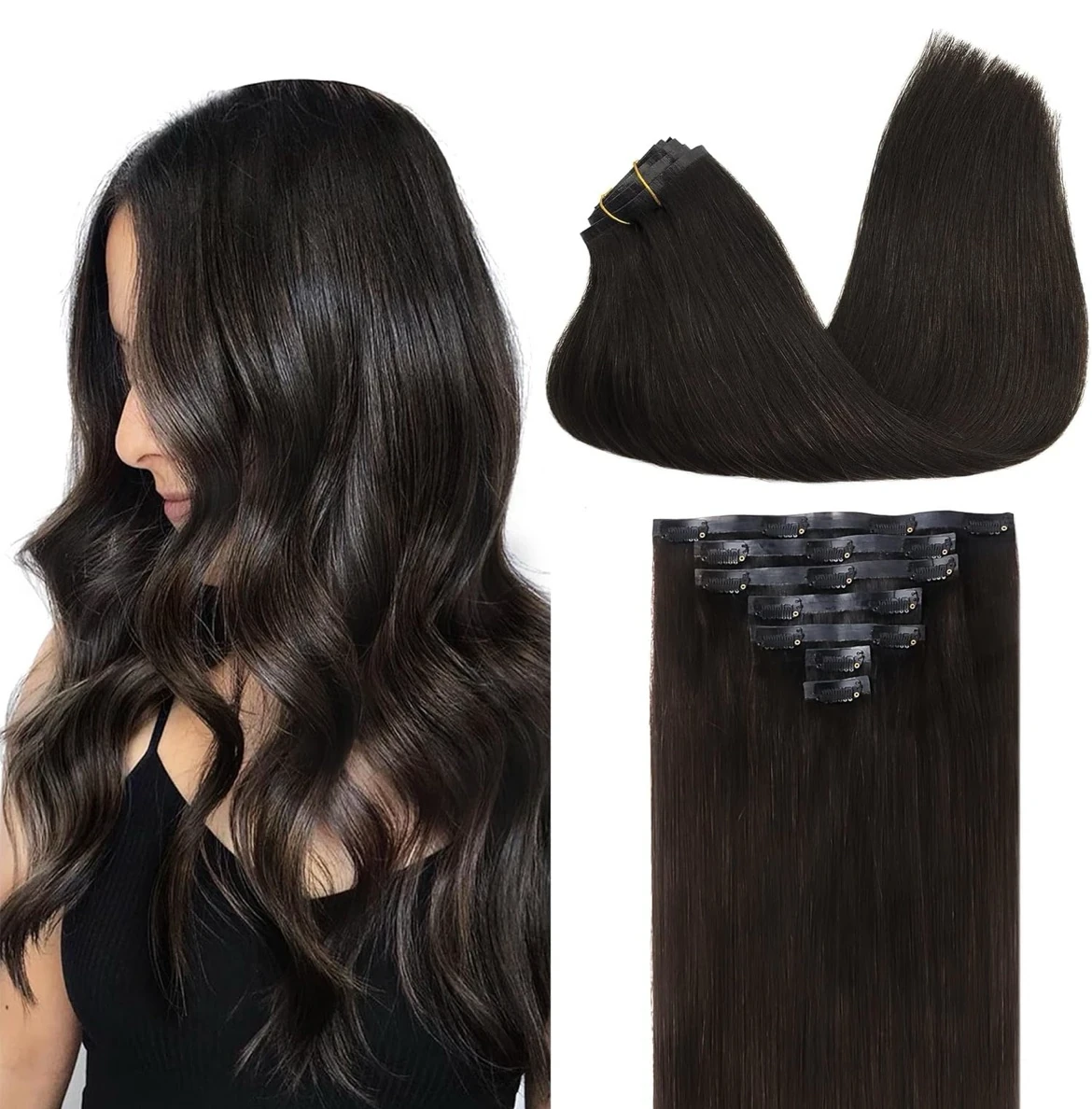 Extensiones de cabello humano natural y real con clip, extensiones de cabello Remy para mujer, 22 pulgadas,110 g , 7 unidades, castaño oscuro