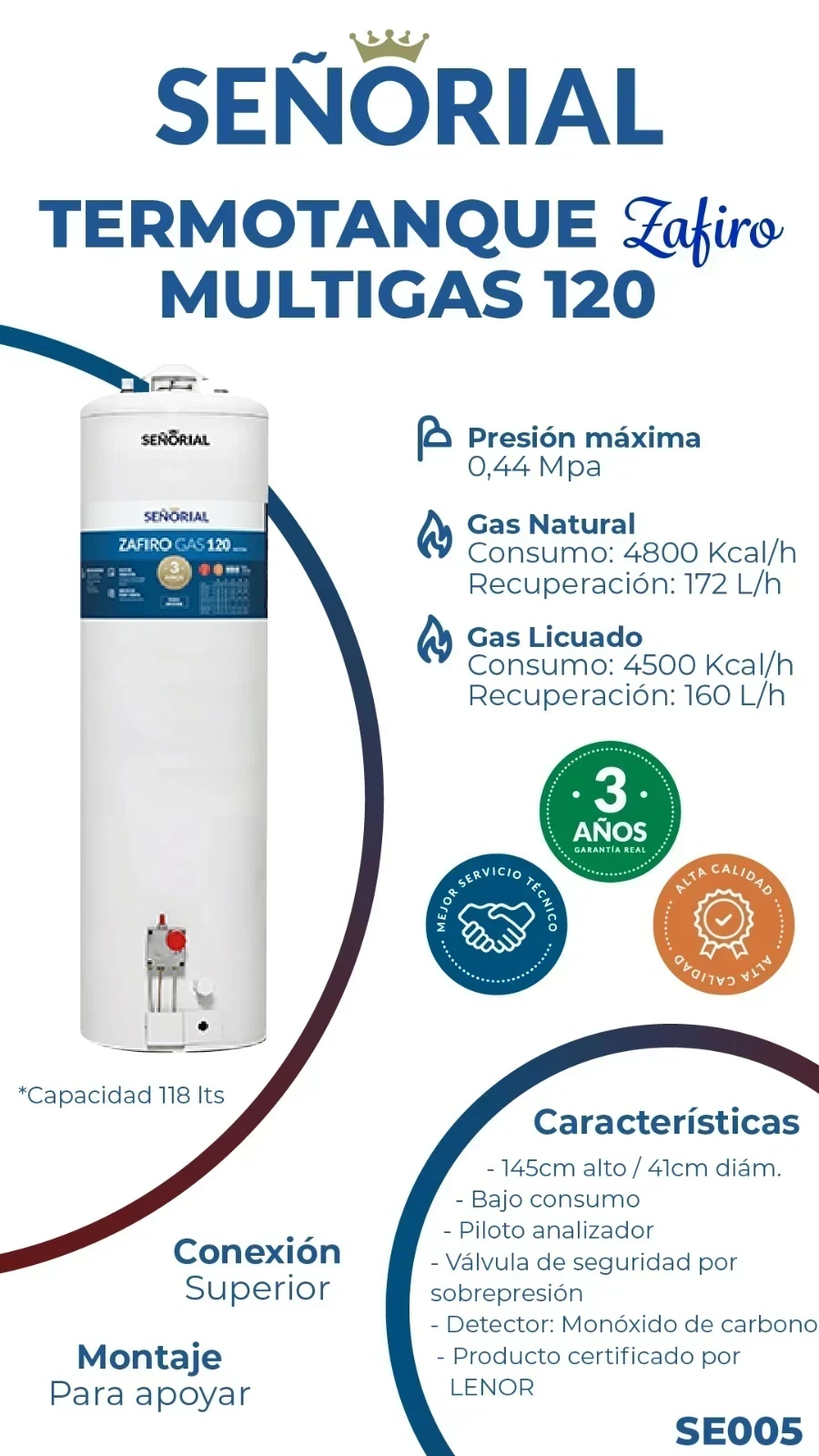 TERMOTANQUE SEÑORIAL ZAFIRO MULTIGAS 120LTS
