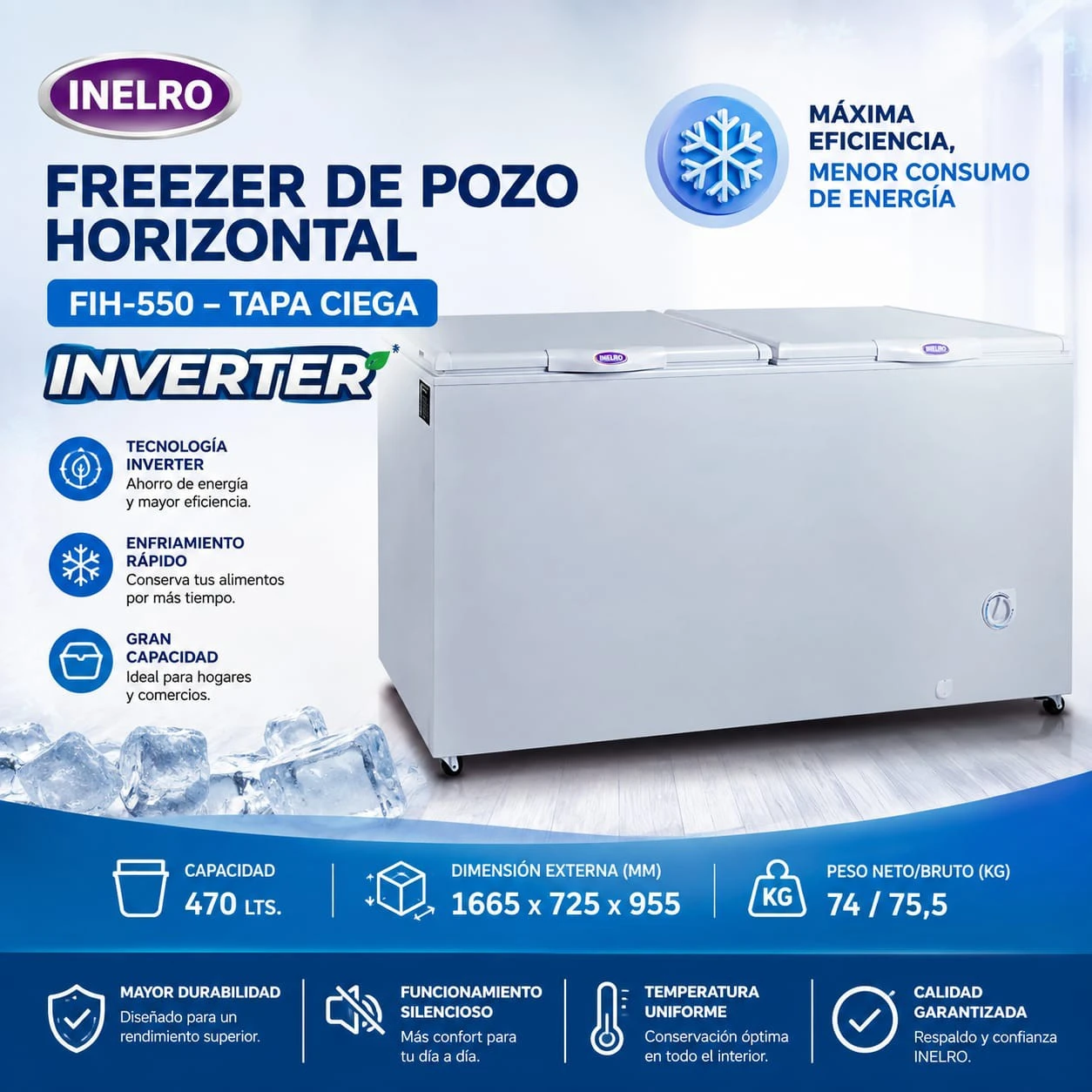 Freezer de Pozo Horizontal INELRO Tapa Ciega Inverter