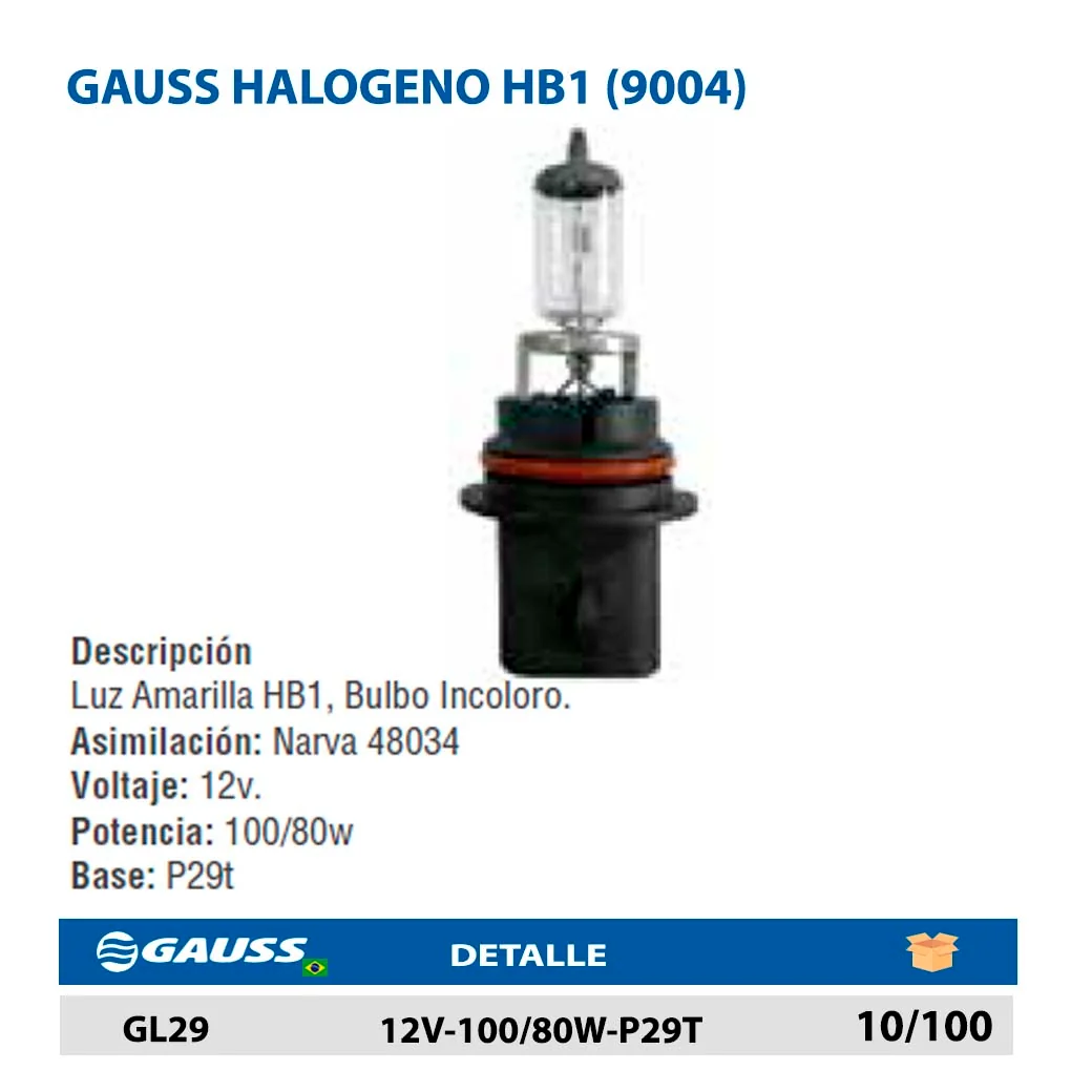 GAUSS HALOGENO HB1 (9004) 12V-100/80W-P29T
