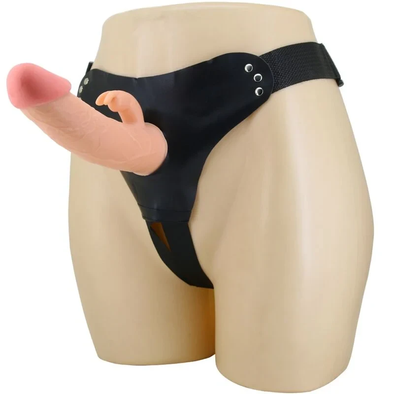 Arnes con dildo de suave textura y conejo estimulador 5