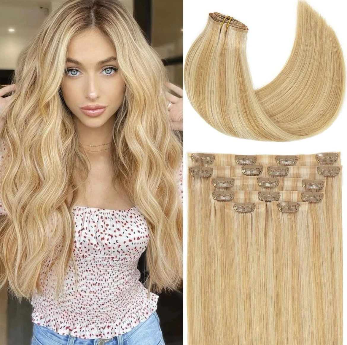 Extensiones de cabello humano con clip de 16”, 100% Remy, nueva tecnología, trama de poliuretano, sin costuras, extensiones de cabello natural, lacio, marrón dorado claro, mezclado con rubio platino, piano