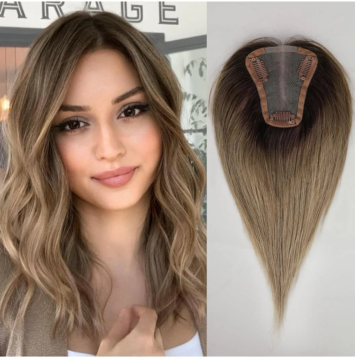 Topper de cabello humano 12 pulgada, color marron claro degradado 