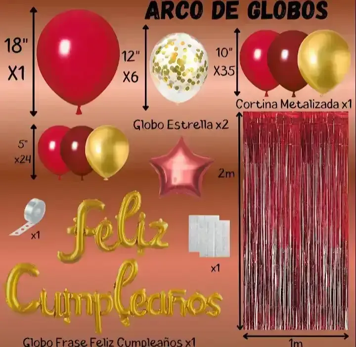 Set super guirnalda de gobos con feliz cumpleaños cortina roja 72 pcs bordo/rojo/dorado/confetti  2
