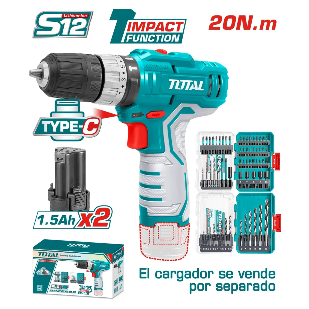 TOSLI241197 Taladro percutor 20nm 12v + set de brocas total