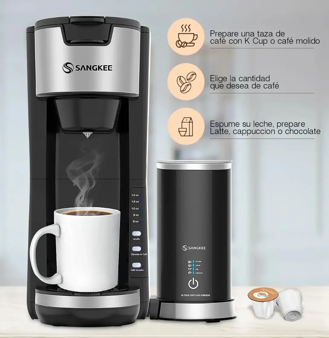 Cafetera más espumador de leche 6 en 1 para cápsulas K-CUP y para cafe molido  2