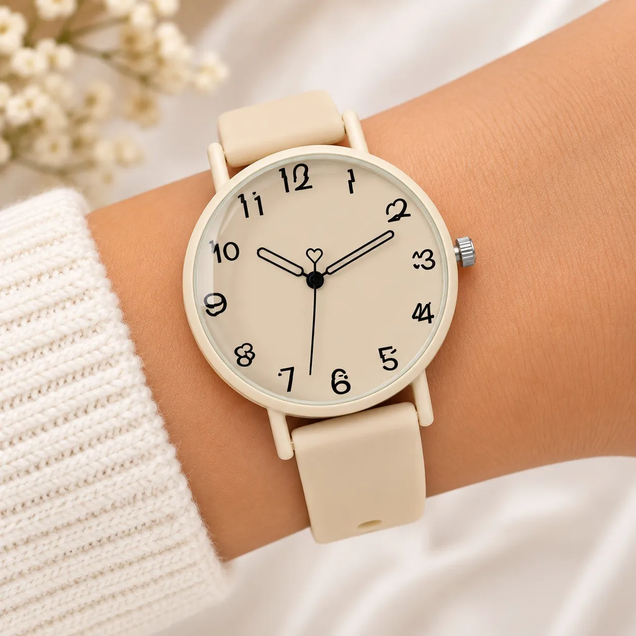 Reloj Pulso Goma Analogo Segundero Corazon Beige