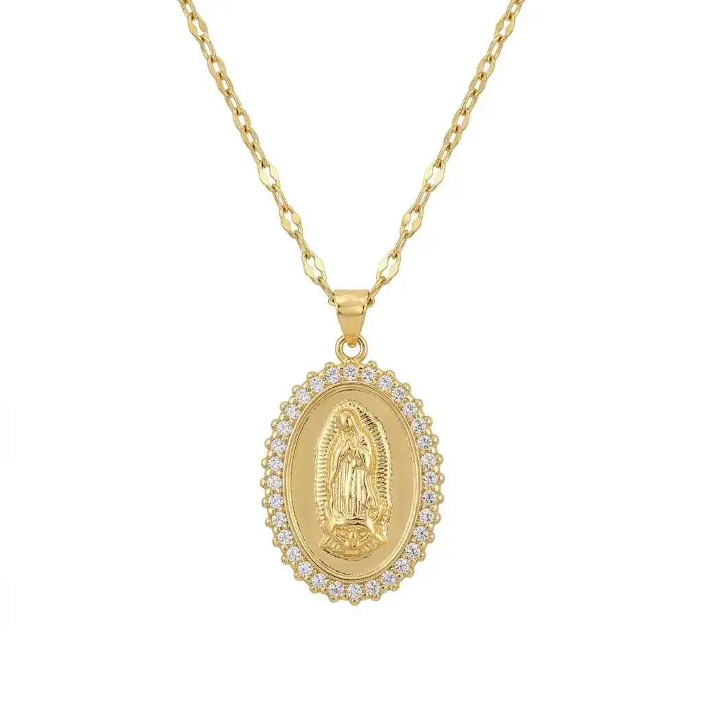 Cadena Y Dije En Acero Con Piedra Circon De Virgen De Guadalupe Blanca