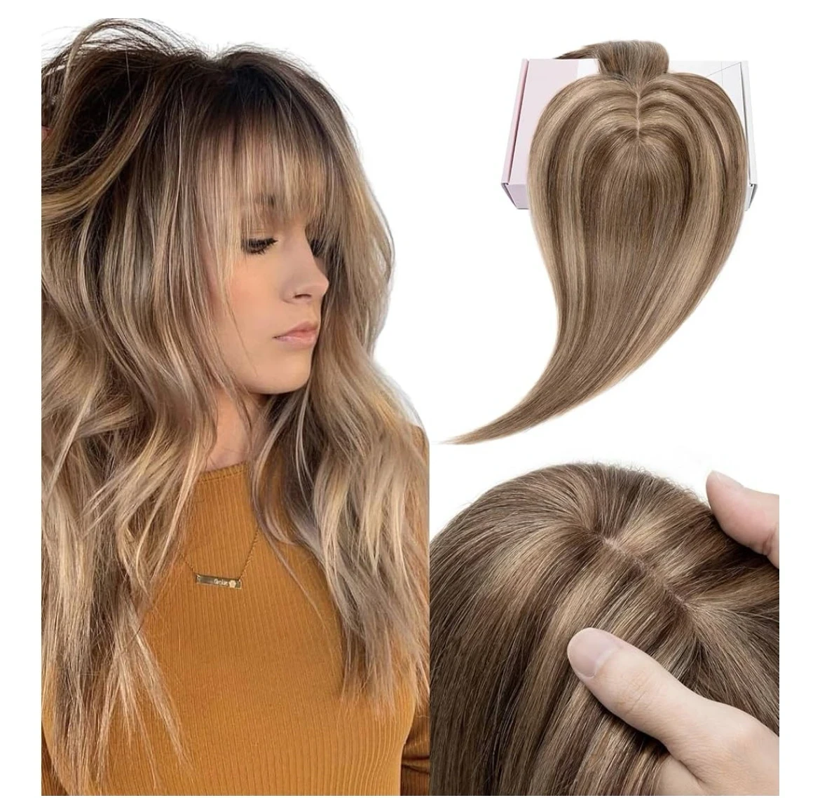 Toppers para el cabello para mujer, adorno de cabello humano real con flequillo, delgado, 5.1 x 2.8 pulgadas, base de seda, clip, extensiones Remy de 8 pulgadas, mezcla de marrón chocolate 