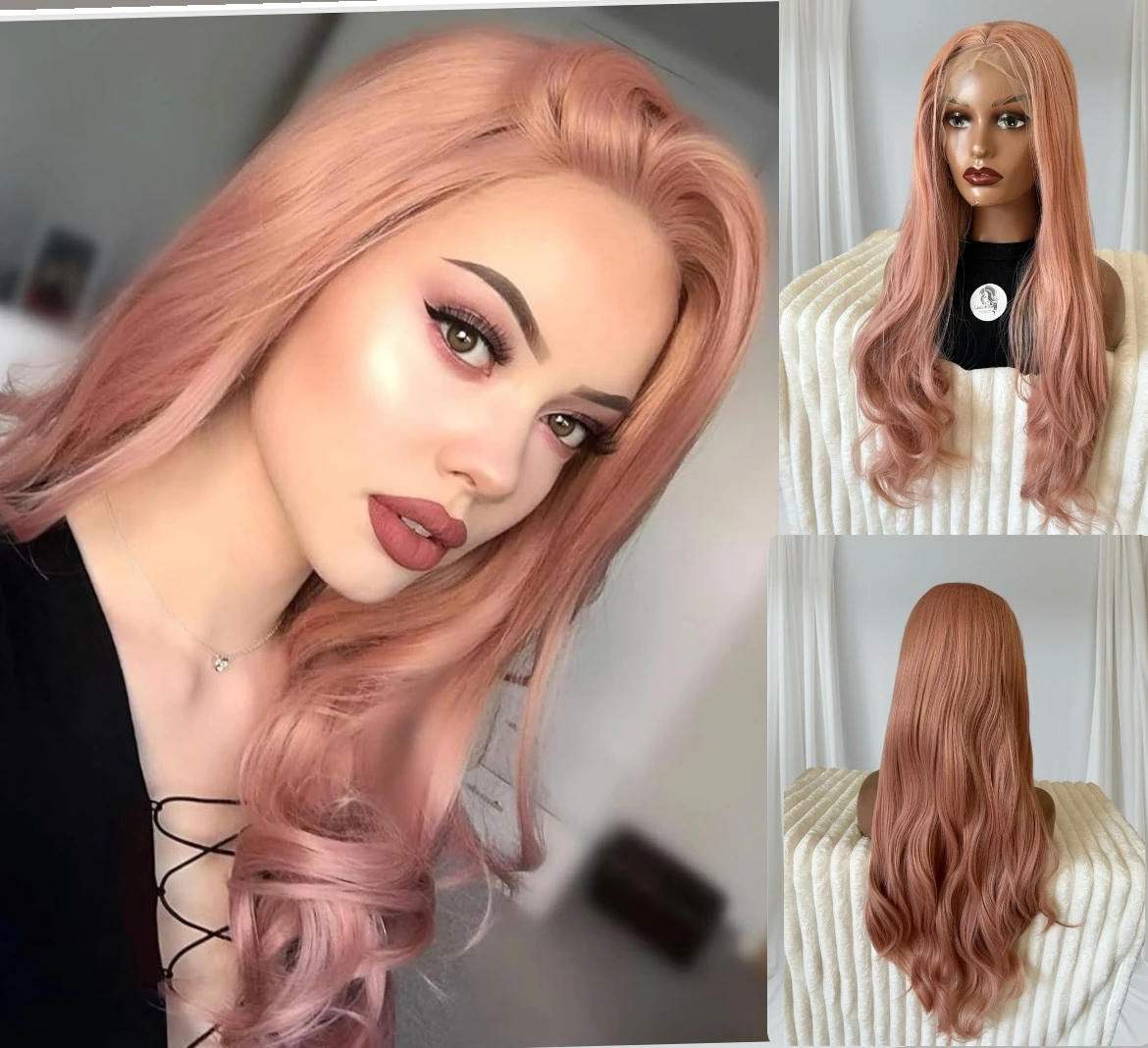 Peluca semi natural oro rosa de 30 pulgadas, frontal 13x4 