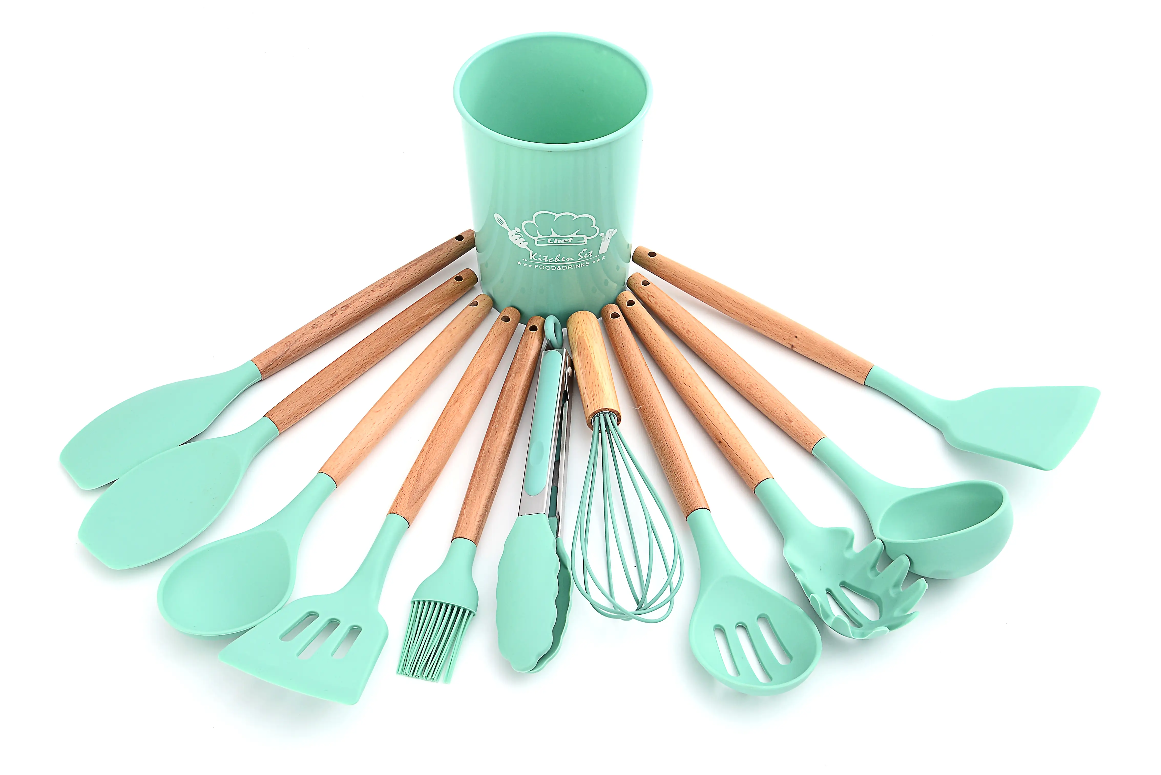 Juego de utensilios de cocina en silicón y madera 