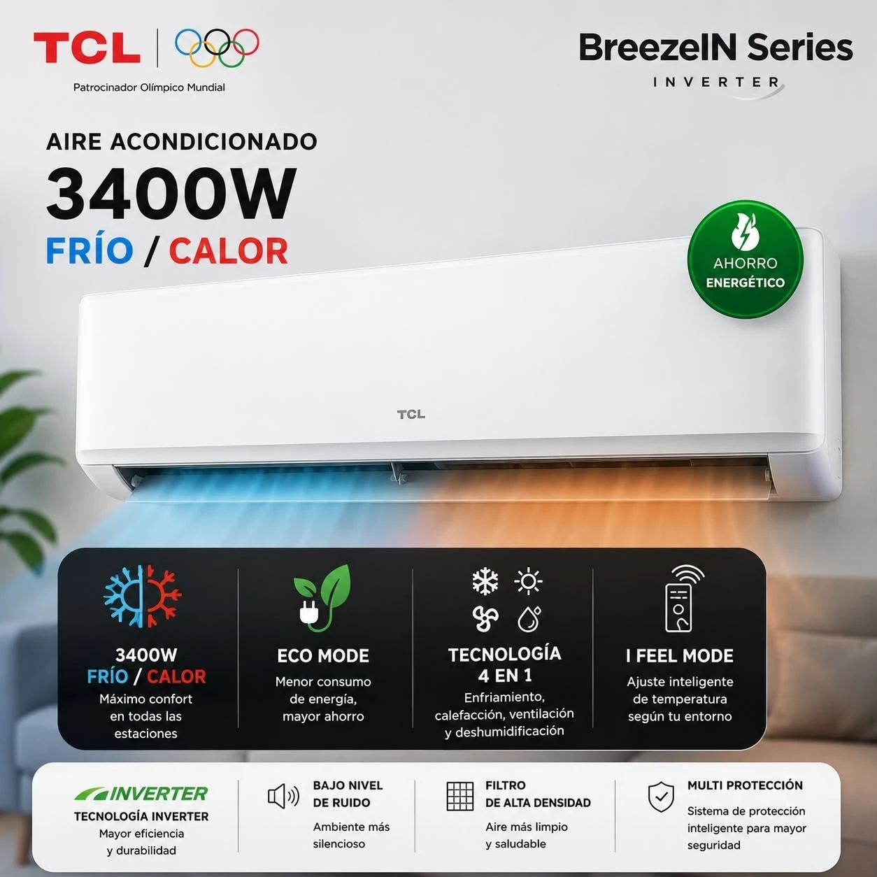  *AIRE ACONDICIONADO TCL 3400W FRIO/CALOR
