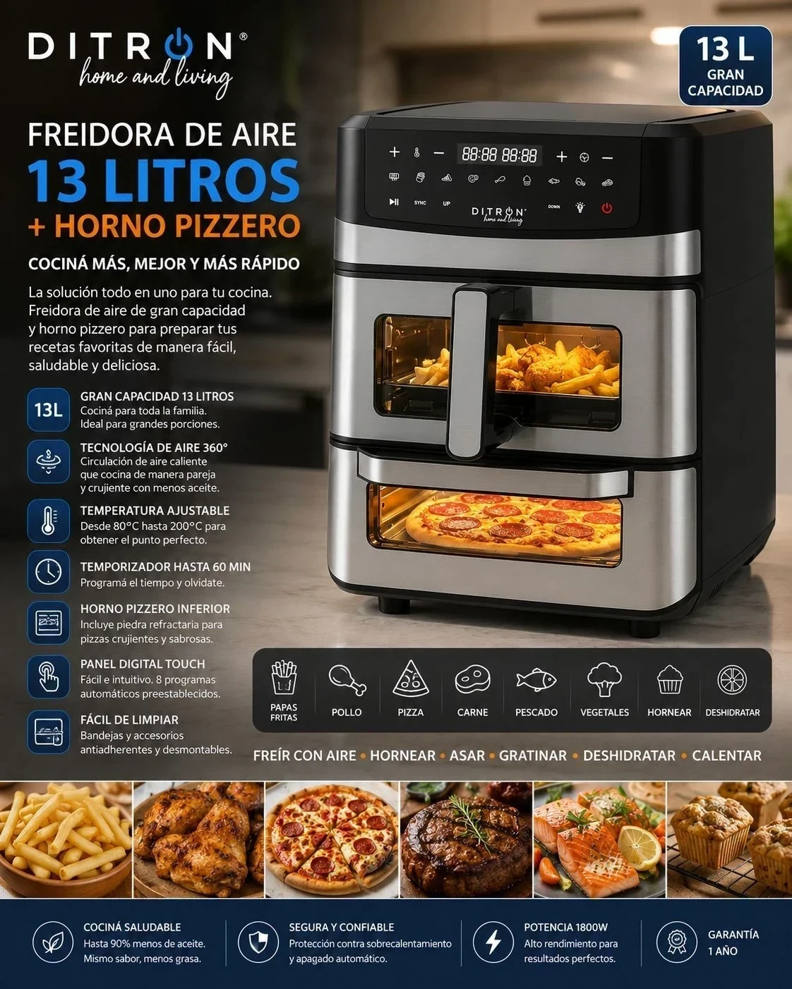FREIDORA DE AIRE DITRON DIGITAL 13LT +HORNO PIZERO