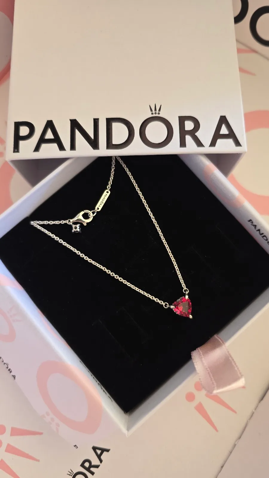 pandora red halo heart silver necklace  3