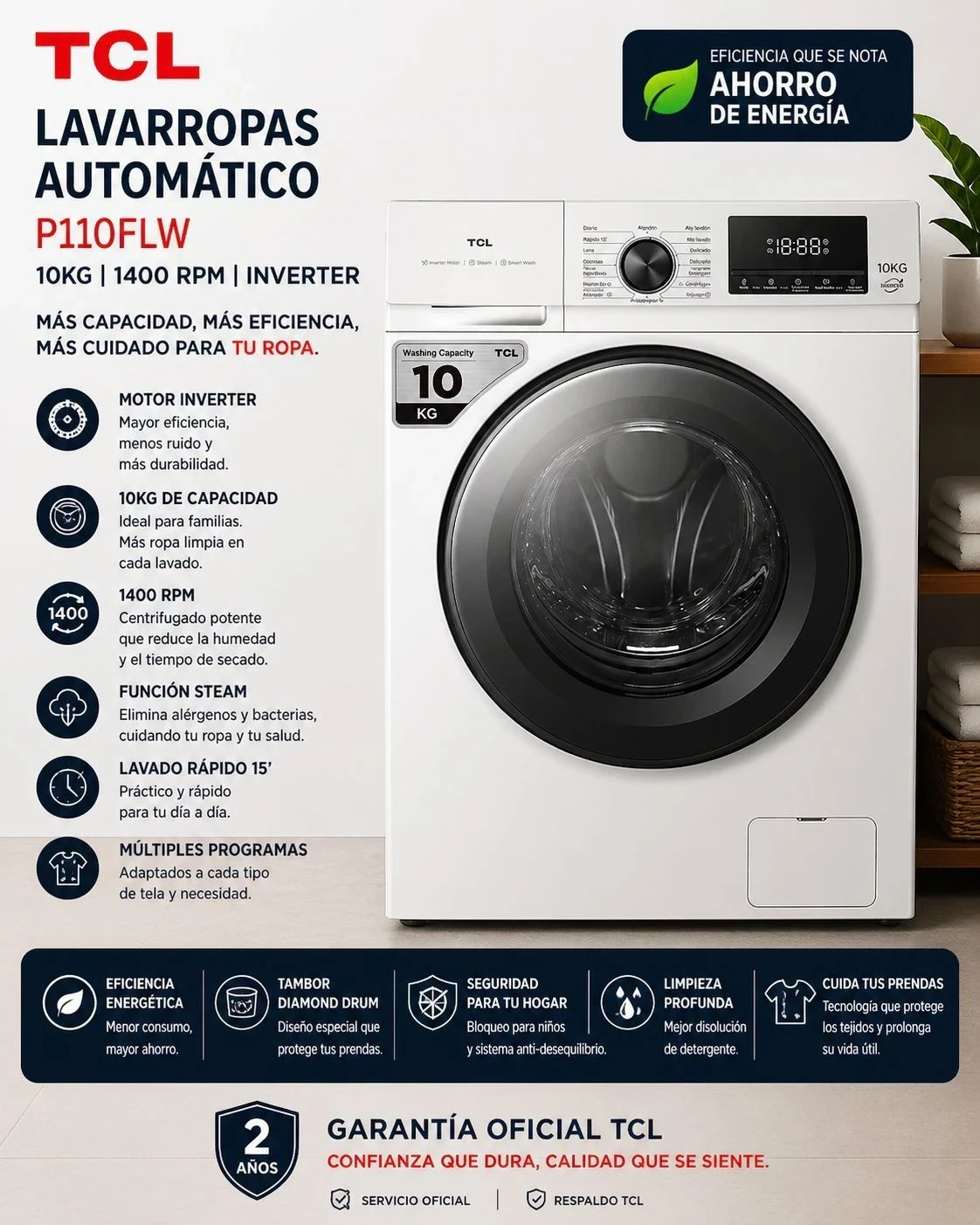 LAVARROPAS TCL 10KG INVERTER 1300RPM 
