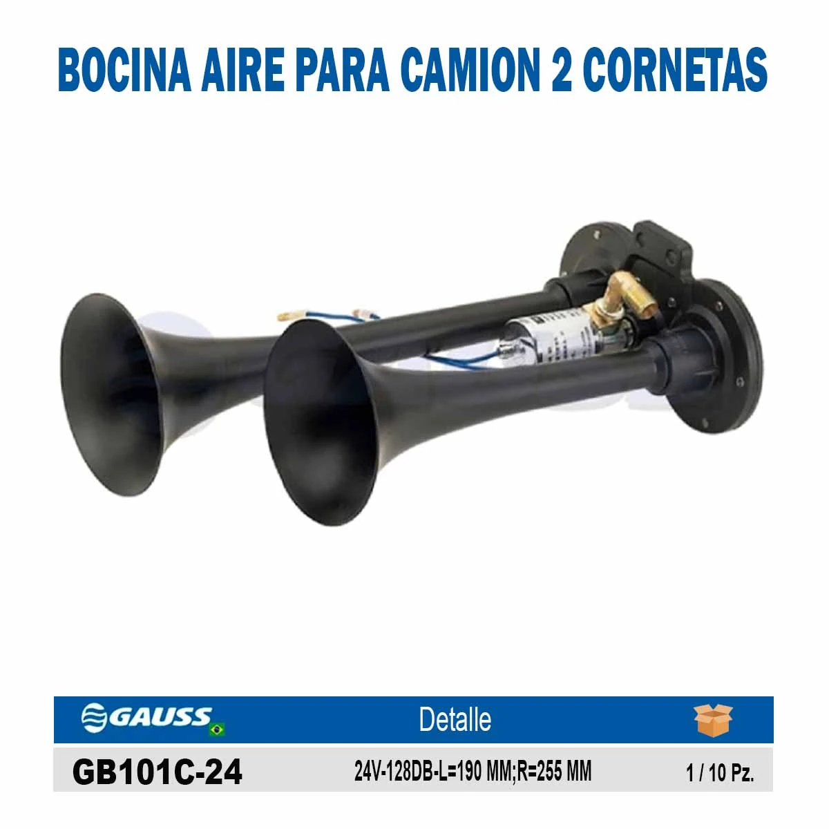 BOCINA AIRE PARA CAMION 2 CORNETAS (GB1004) 24V-128DB-L=190 MM;R=255 MM COLOR NEGRO
