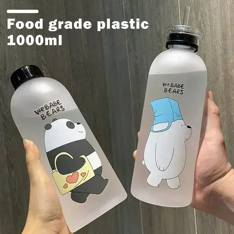 Linda taza de oso Panda, botellas de aqua de 1000ml con/sin pajita, botella de agua de dibujos animados, vasos esmerilados, coctelera de proteínas a prueba de fugas 2