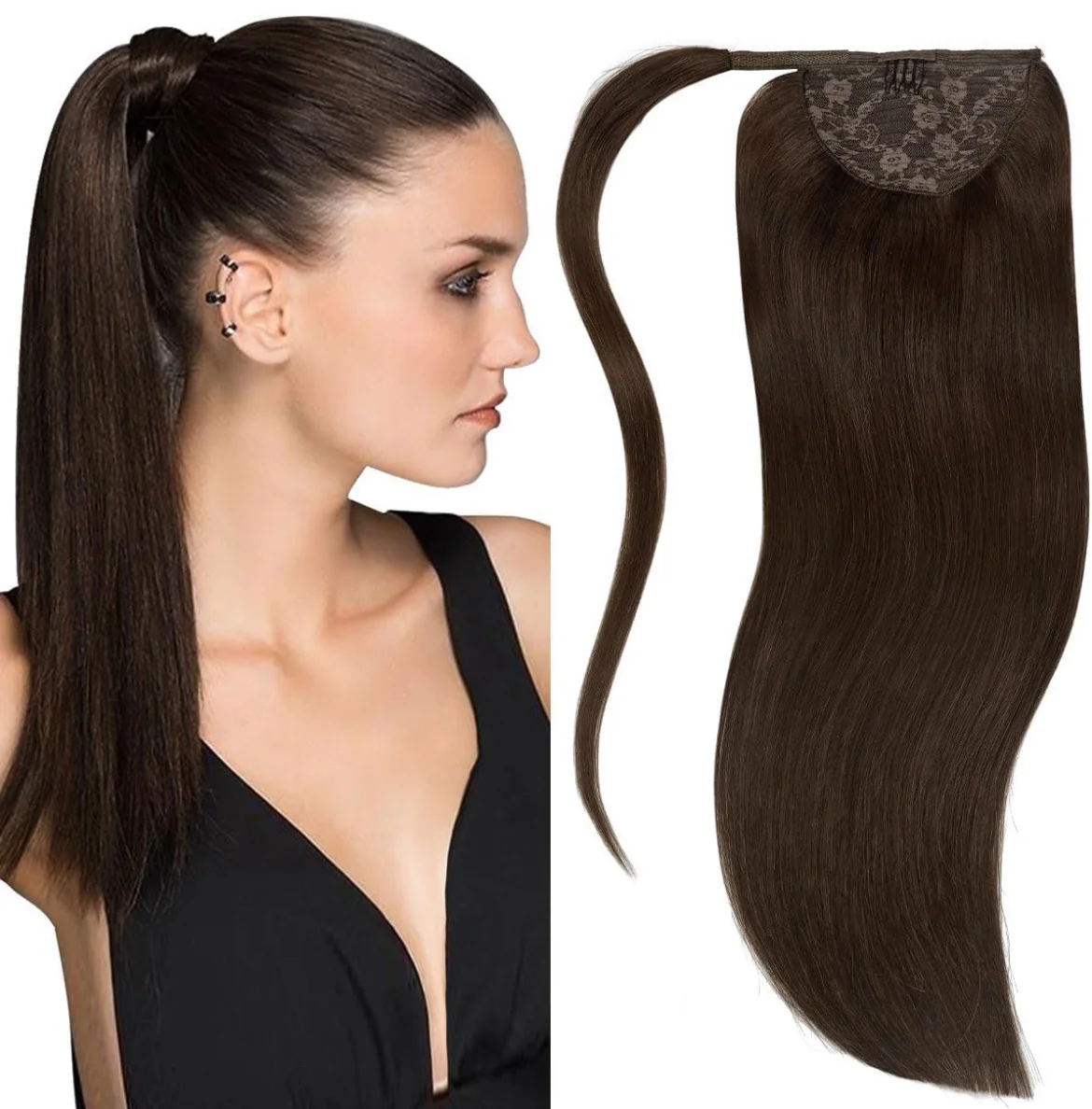 Extensiones de cola de caballo de cabello humano castaño oscuro de 14 pulgadas, 2.47 onzas, extensiones de cabello humano Remy envolvente, cola de caballo con pasta mágica, una pieza recta