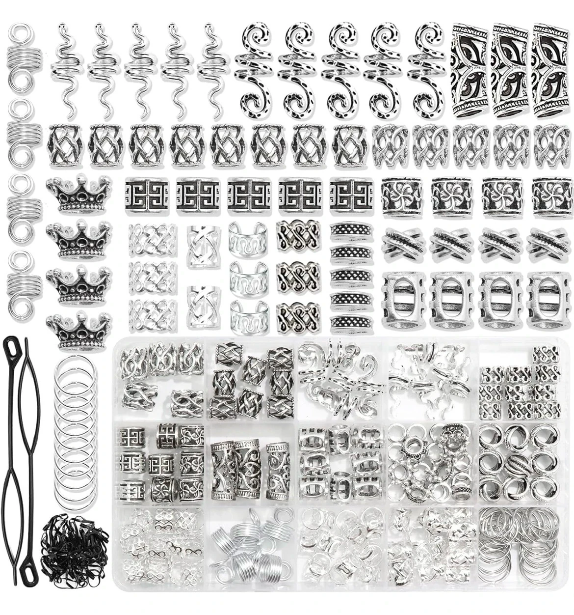 Joyas de cuentas de cabello plateadas, 218 accesorios  para el cabello, joyería Loc para rastas, joyería para el cabello , 14 estilos de accesorios para trenzar el cabello, bricolaje 2