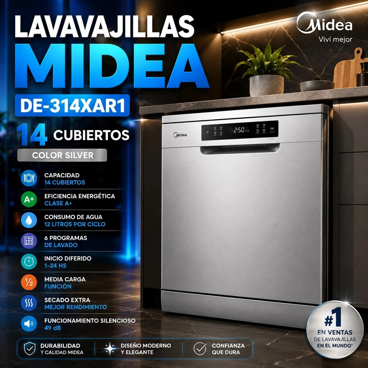 LAVAVAJILLAS MIDEA DE-314XAR1 14 CUBIERTOS COLOR SILVER 