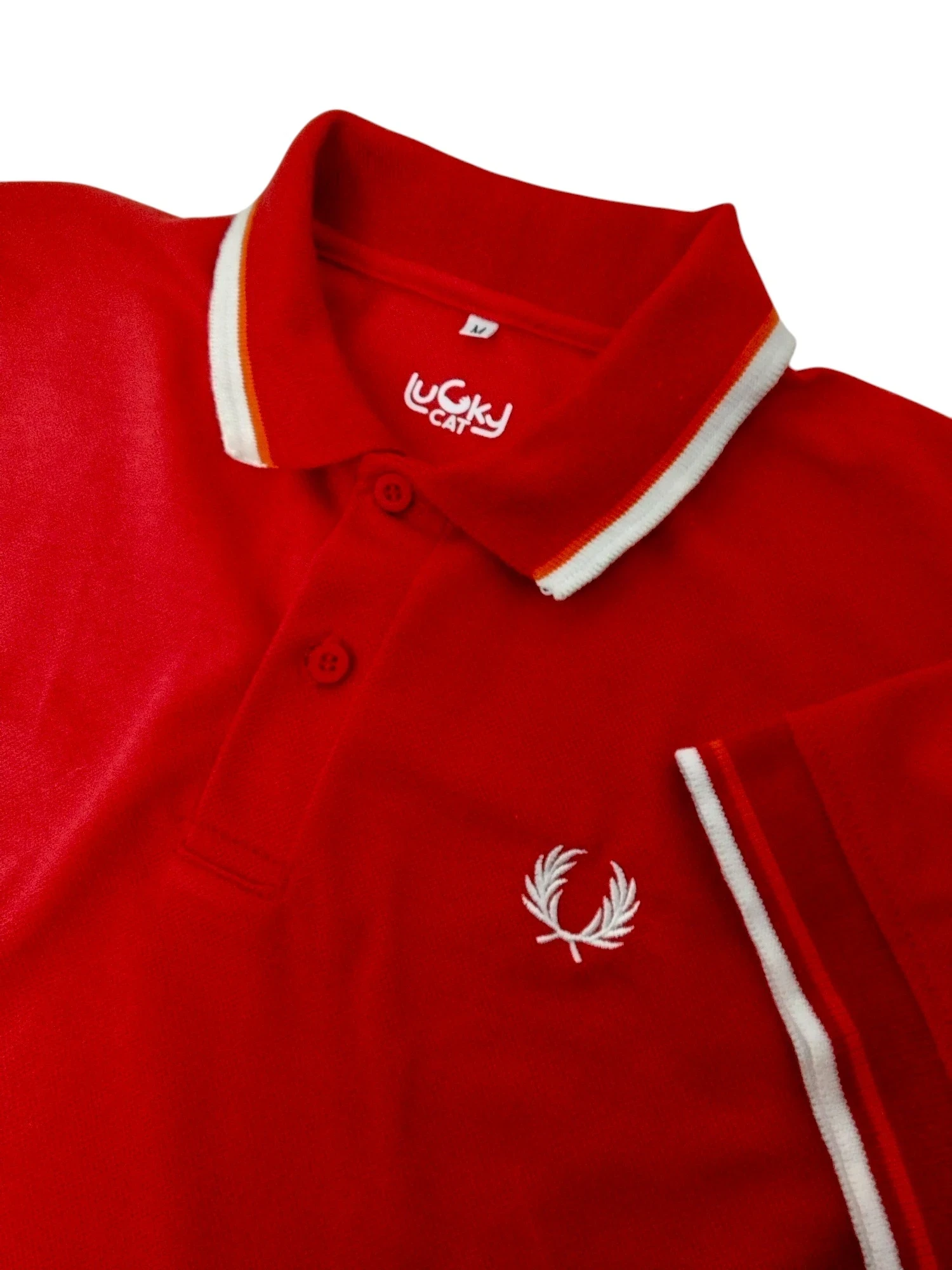 Camisa polo rojo con blanco y naranja 