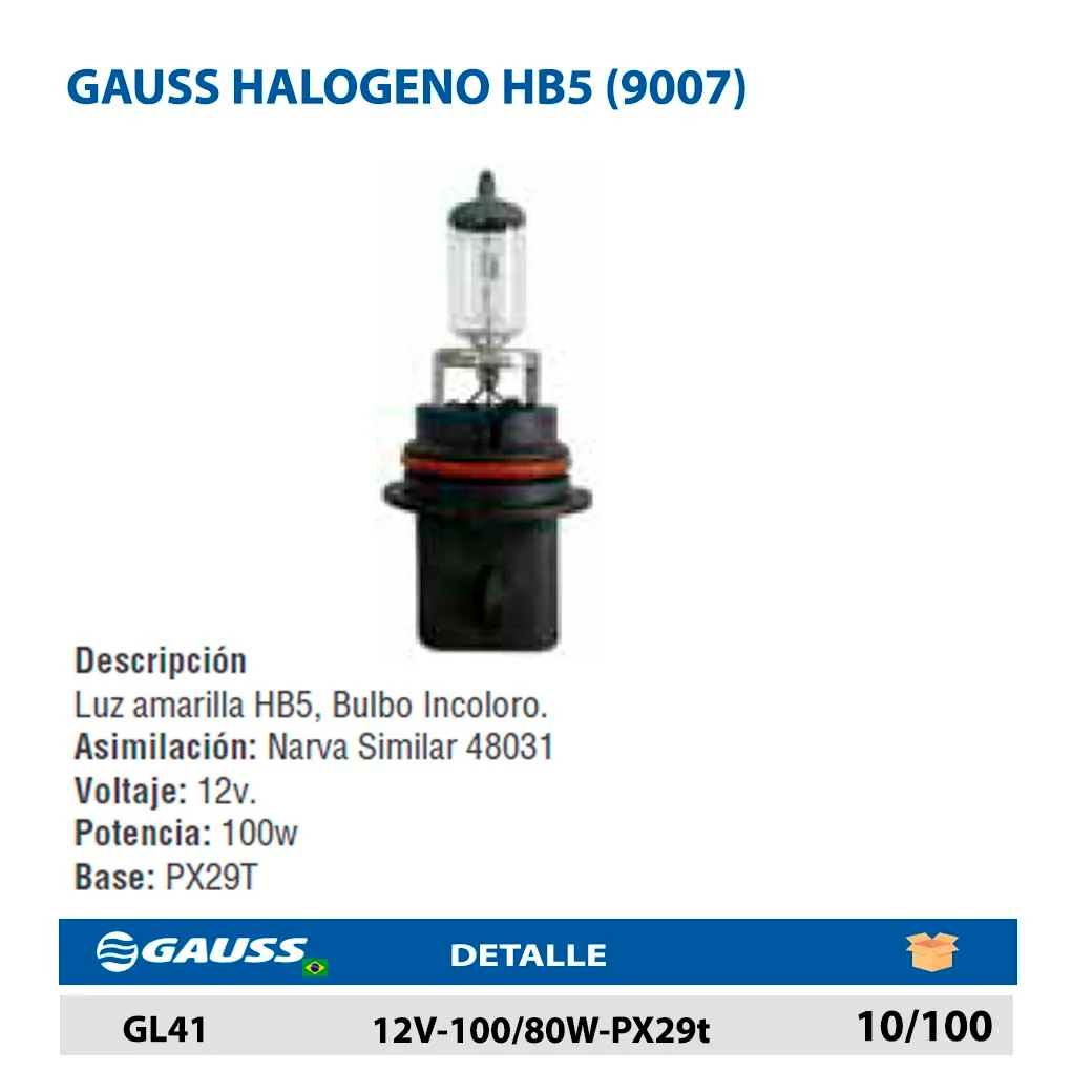 GAUSS HALOGENO HB5 (9007) 12V-100/80W-PX29t