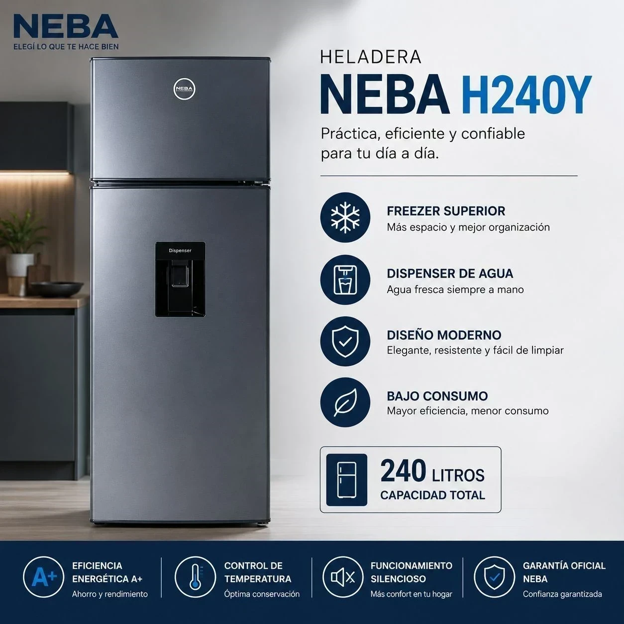 HELADERA NEBA C/DISPENSER INOX 239lt