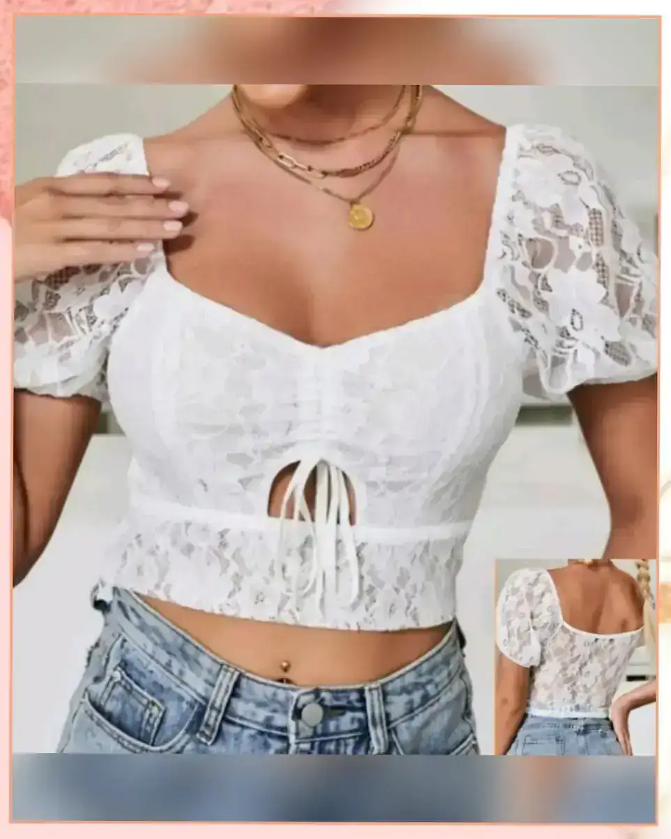 M - Crop Top en encaje, blanco.
