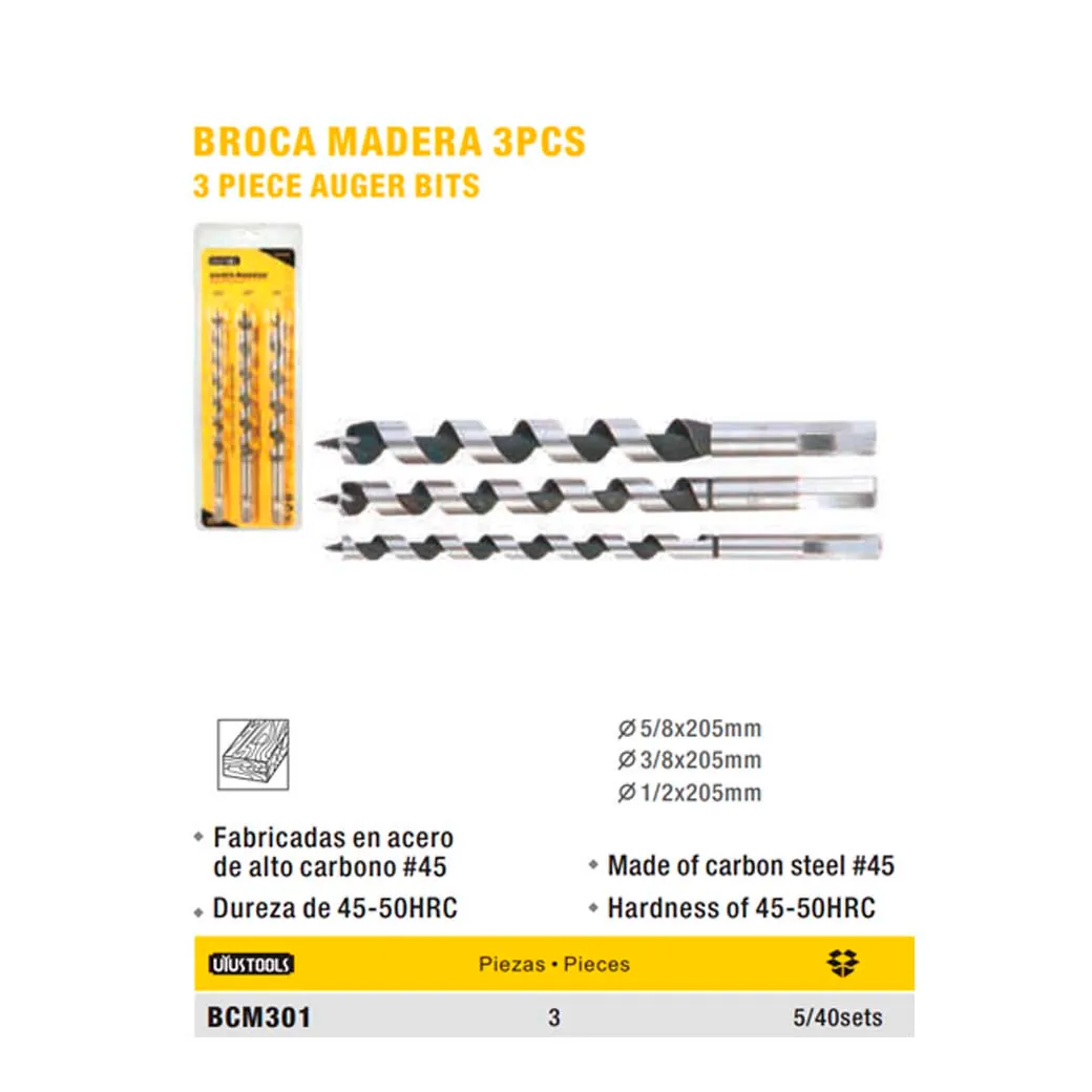 SET BROCA Madera Serpentina 3 pz UYUST 20cm 3/8" 5/8" 1/2" x L8"