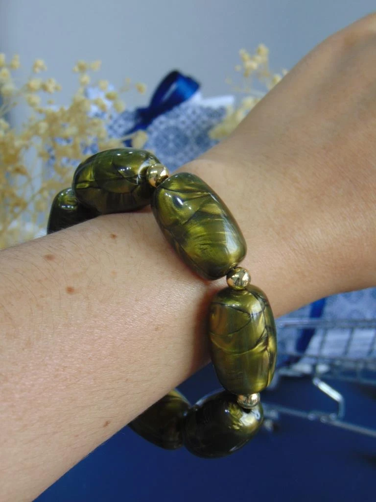 PULSERAS ACERO DOR MAXI CUARZO VERDE OLIVA OVALADO
