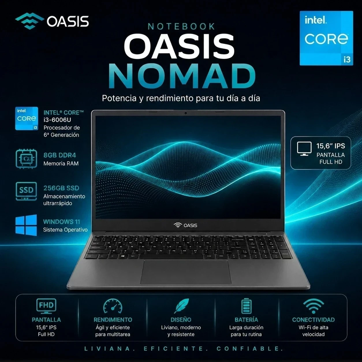 NOTEBOOK OASIS INTEL CORE i3 6006U PANTALLA 15,6” 256ssd, 8GB DDR4, WINDOWS 11
