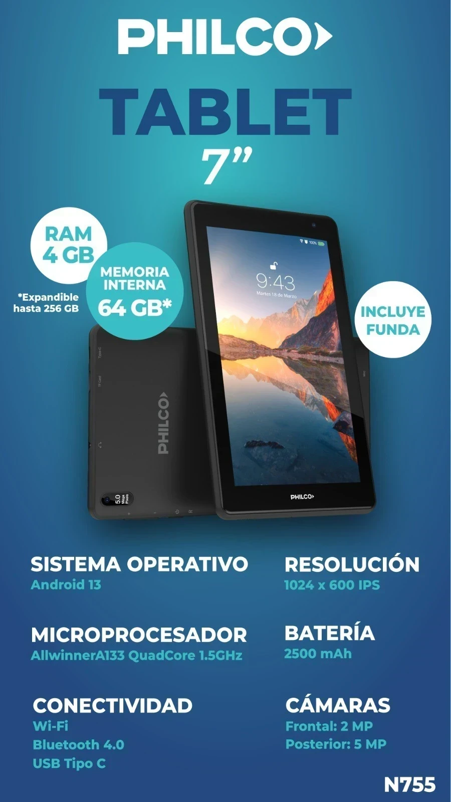 *TABLET PHILCO 7" 64/4GB ANDROID 13 FUNDA DE REGALO