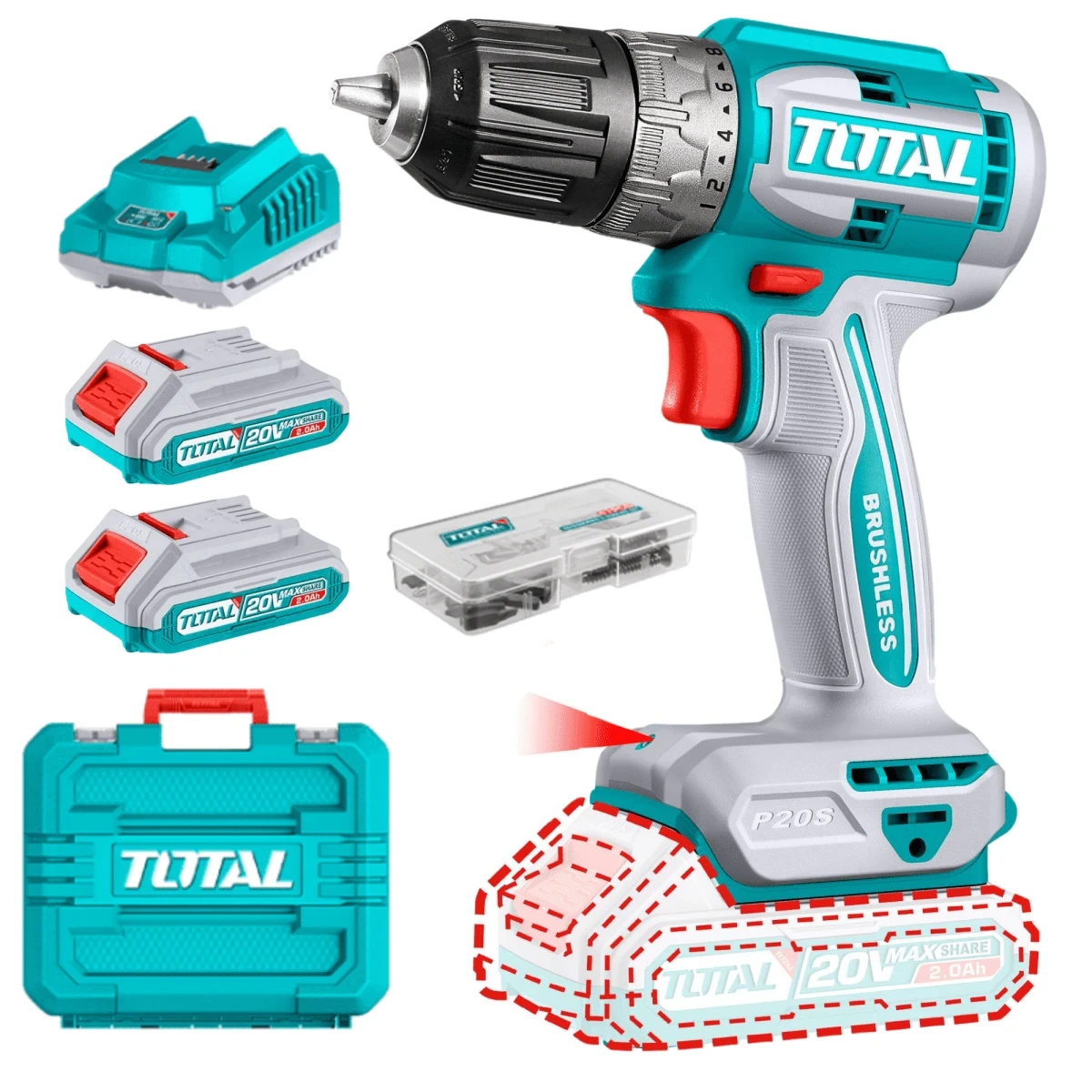 TDLI20453 Taladro atornillador 52nm + 2 baterías 2ah y cargador total 6