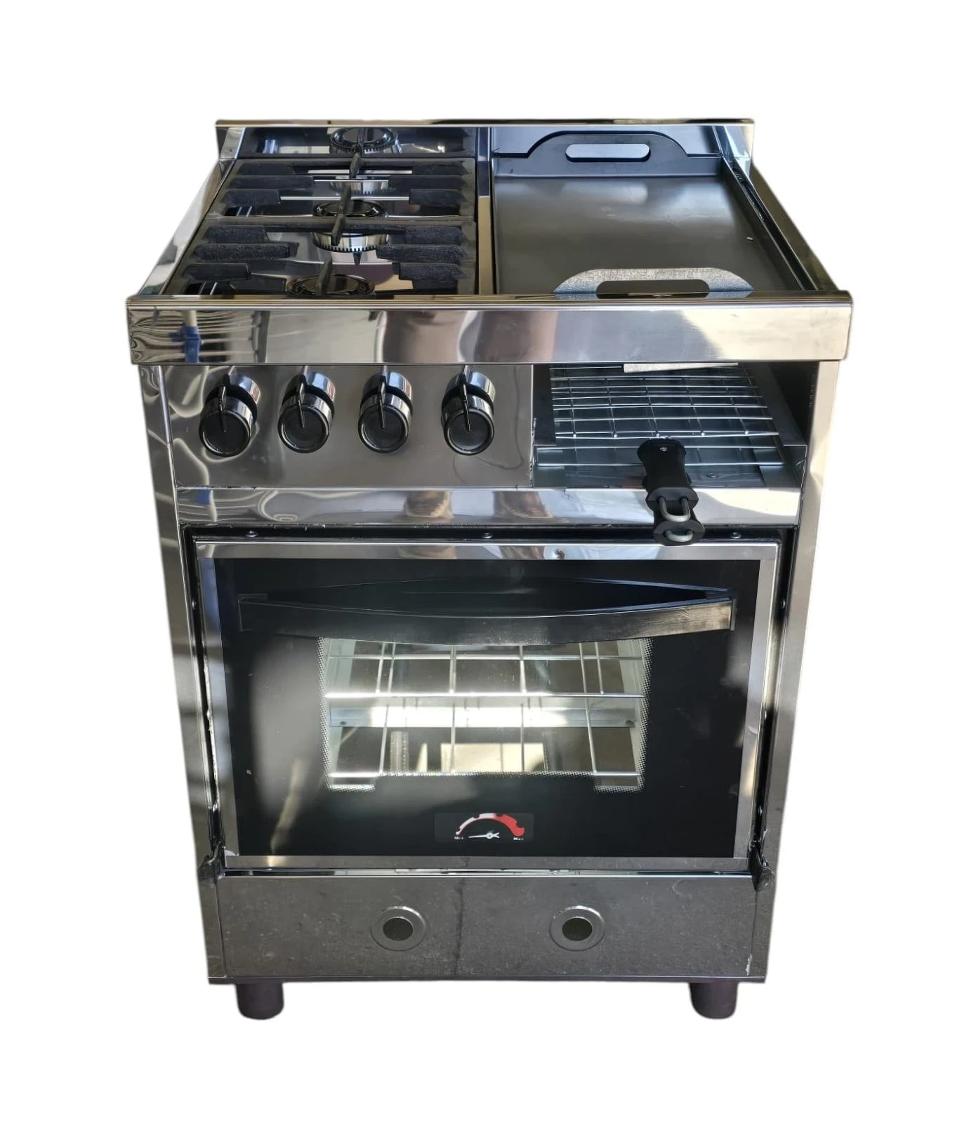 COCINA INDUSTRIAL ROSARIO MULTI 2 HORNALLAS 55CM PLANCHETA Y CARLITERO TAPA DE VIDRIO COLOR ACERO