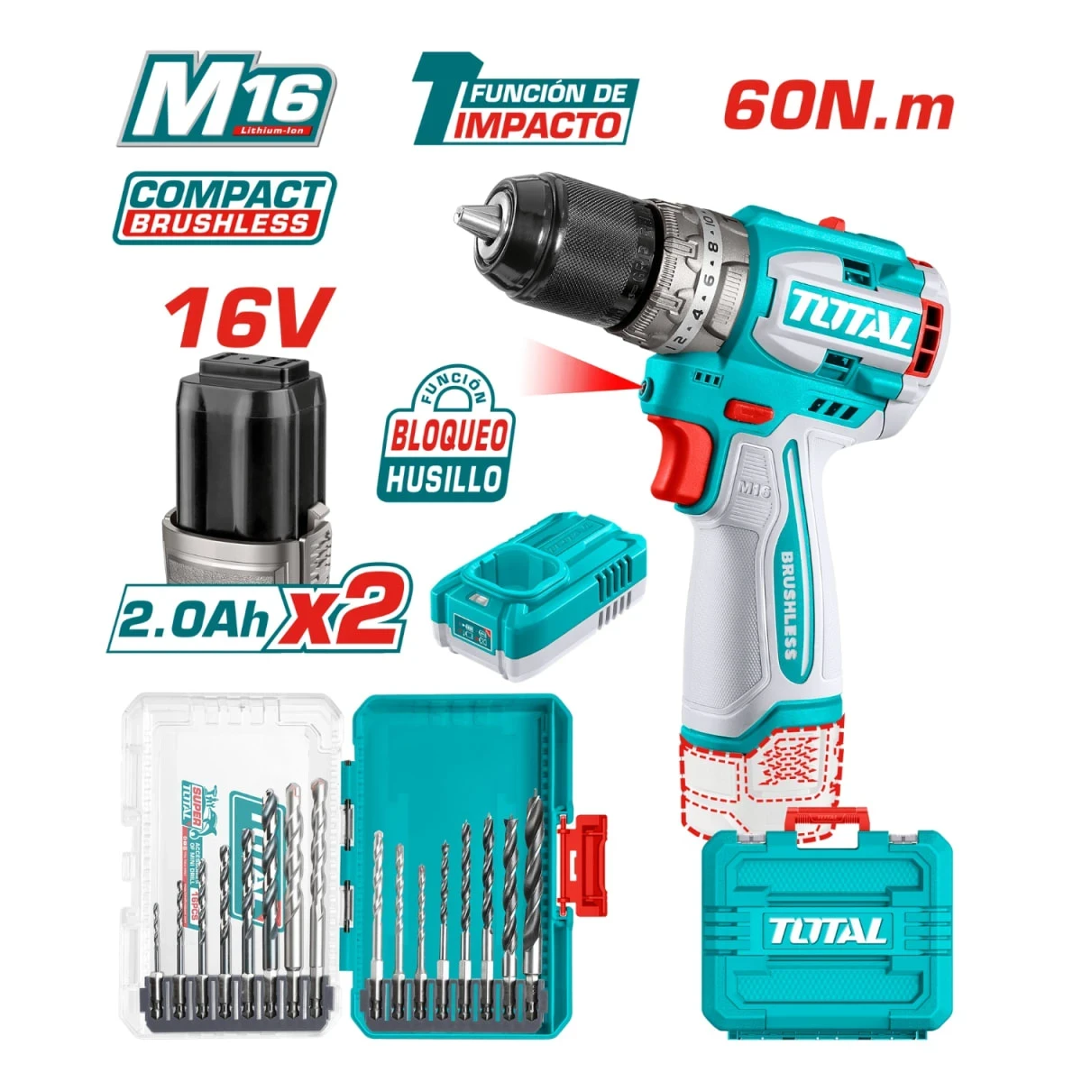 TOSLI241199 Combo taladro percutor 60nm 16v + set de brocas total