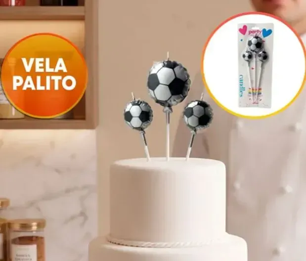 Vela 15 cm palito pelota de futbol plata/negro 3pcs