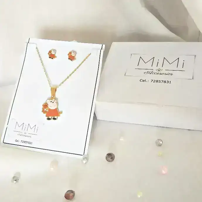 Conjunto cadenita, dije y aretes Peppa Pig en acero inoxidable