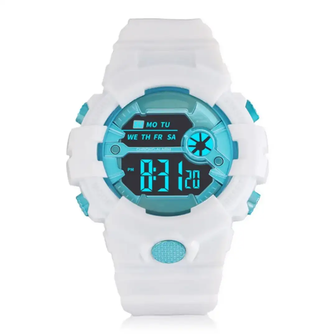 Reloj Deportivo Digital Redondo Blanco Azul 