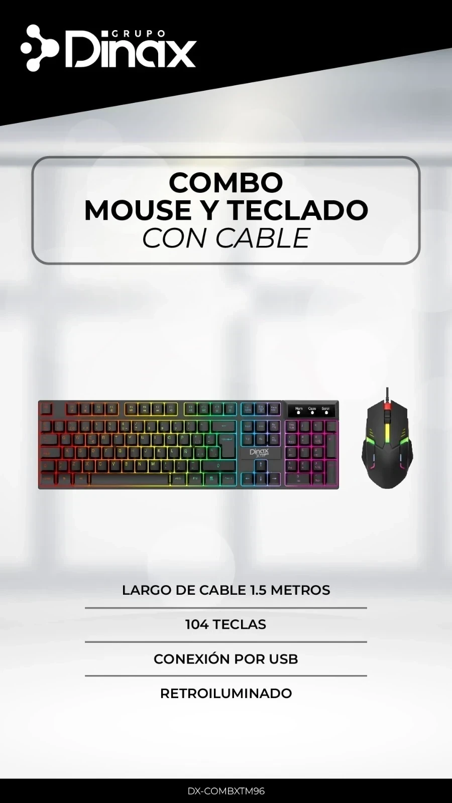 TECLADO DINAX RETROILUMINADO + MOUSE COMBO GAMER 