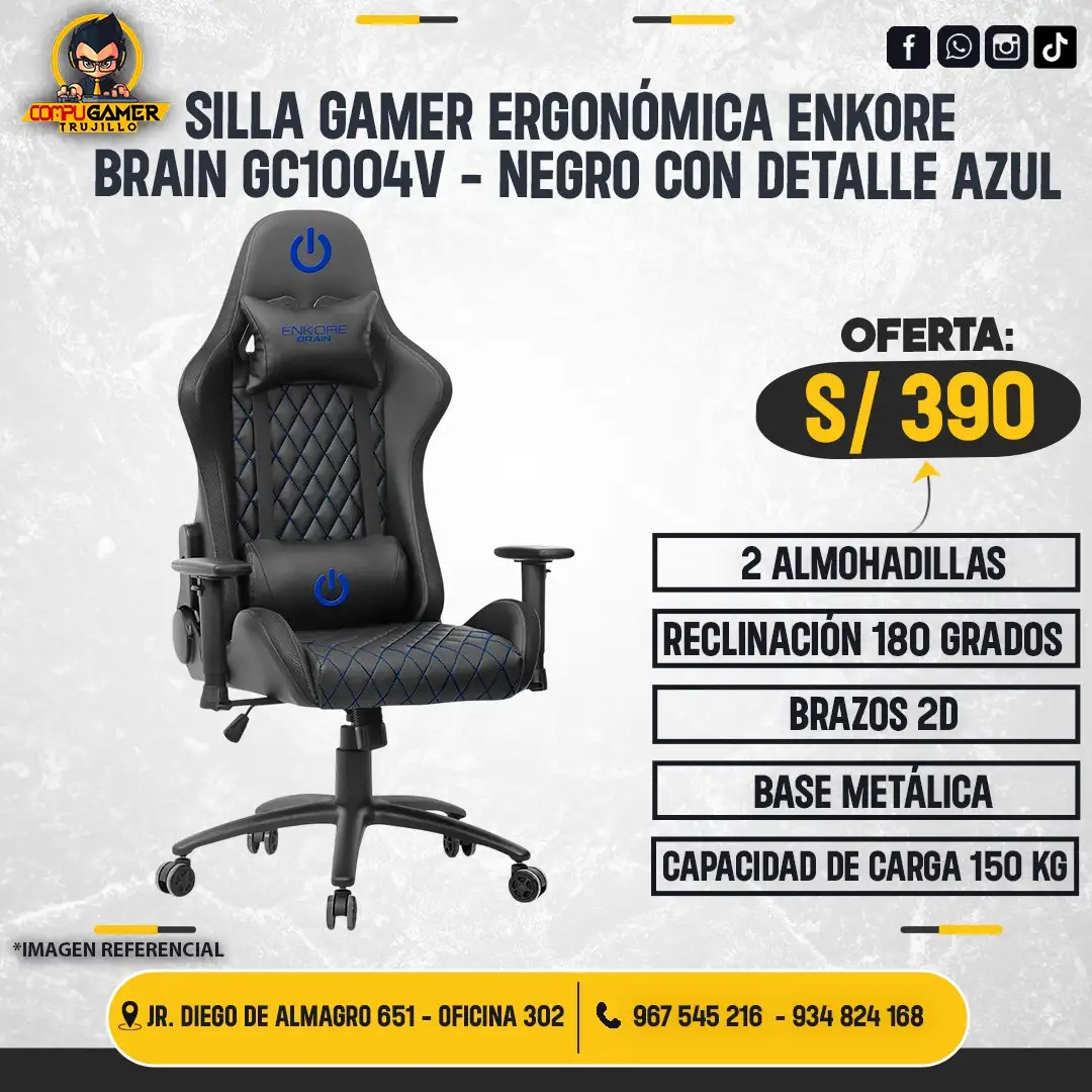 SILLA GAMER ERGONÓMICA ENKORE BRAIN GC1004V, NEGRO CON DETALLE AZUL