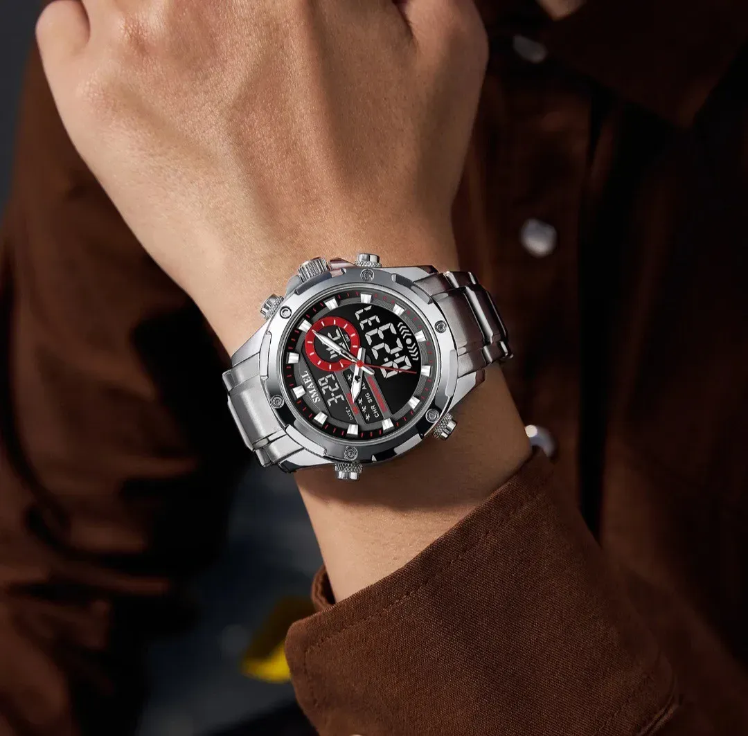 Reloj Smael Original Acero Doble Hora 6050 Sumergible Plateado Fondo Negro Detalles Rojos 2