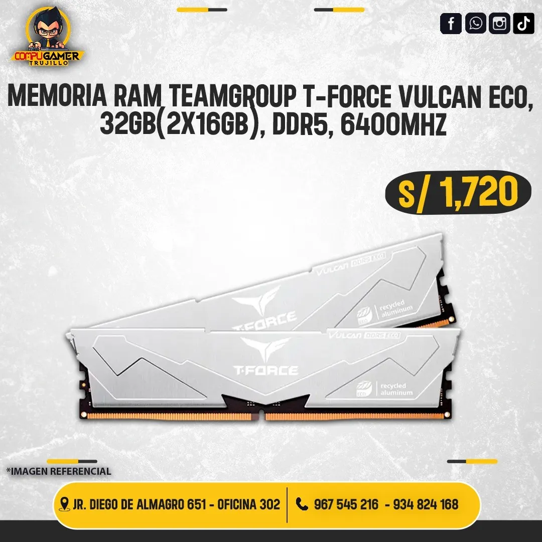 MEMORIA RAM TEAMGROUP T-FORCE VULCAN ECO, 32GB (2X16), DDR5, 6400MHZ