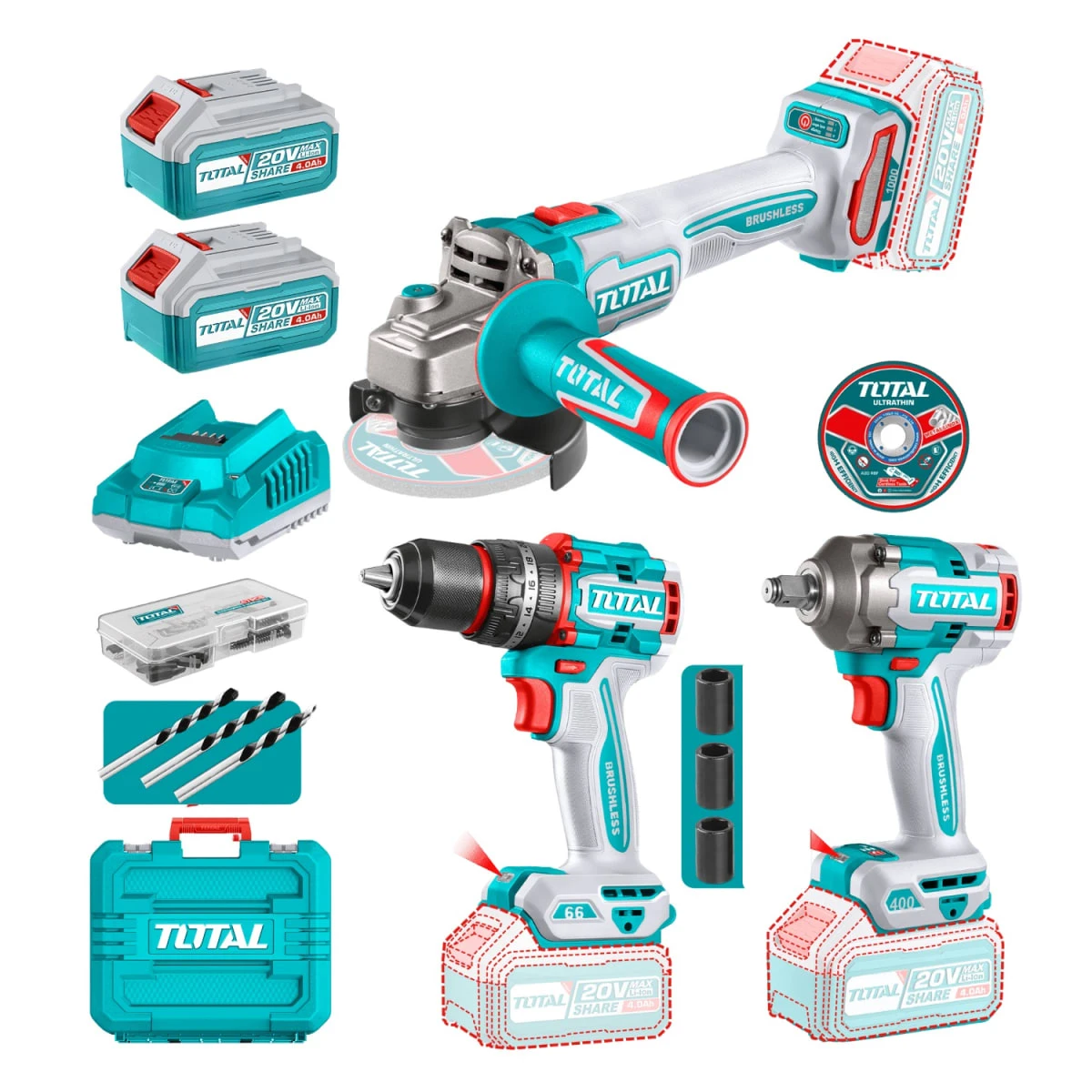 TOSLI241291 Combo taladro 66n.m. + amoladora y llave de impacto 20v total 6