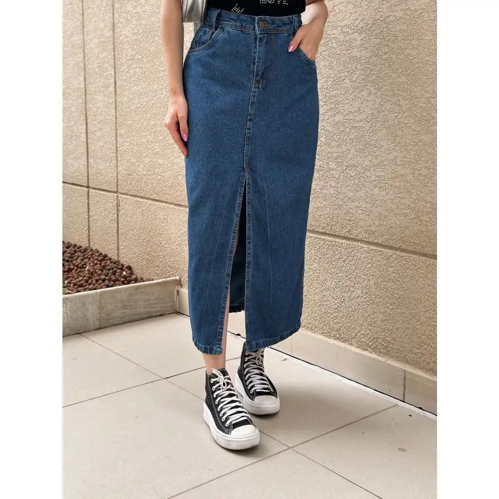 Saia Jeans Cintura Alta Fenda 