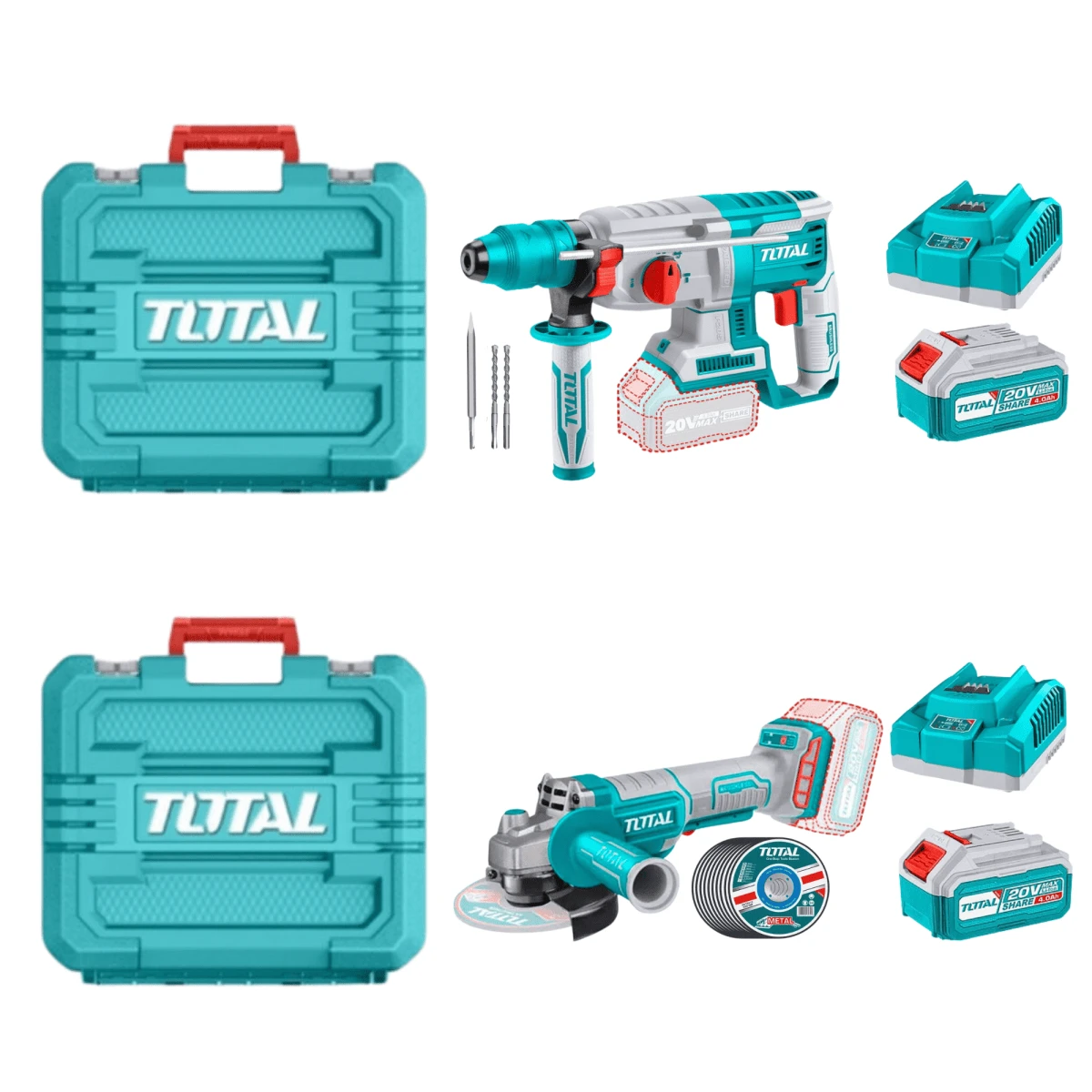 TOSLI230803 Combo rotomartillo + amoladora 20v 2 baterias 4ah y cargador total 8