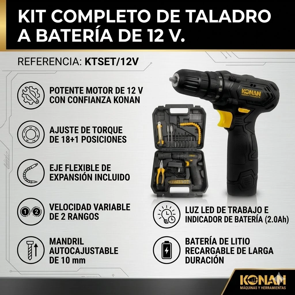 Set Taladro Atornillador a Batería 12V con Herramientas Konan