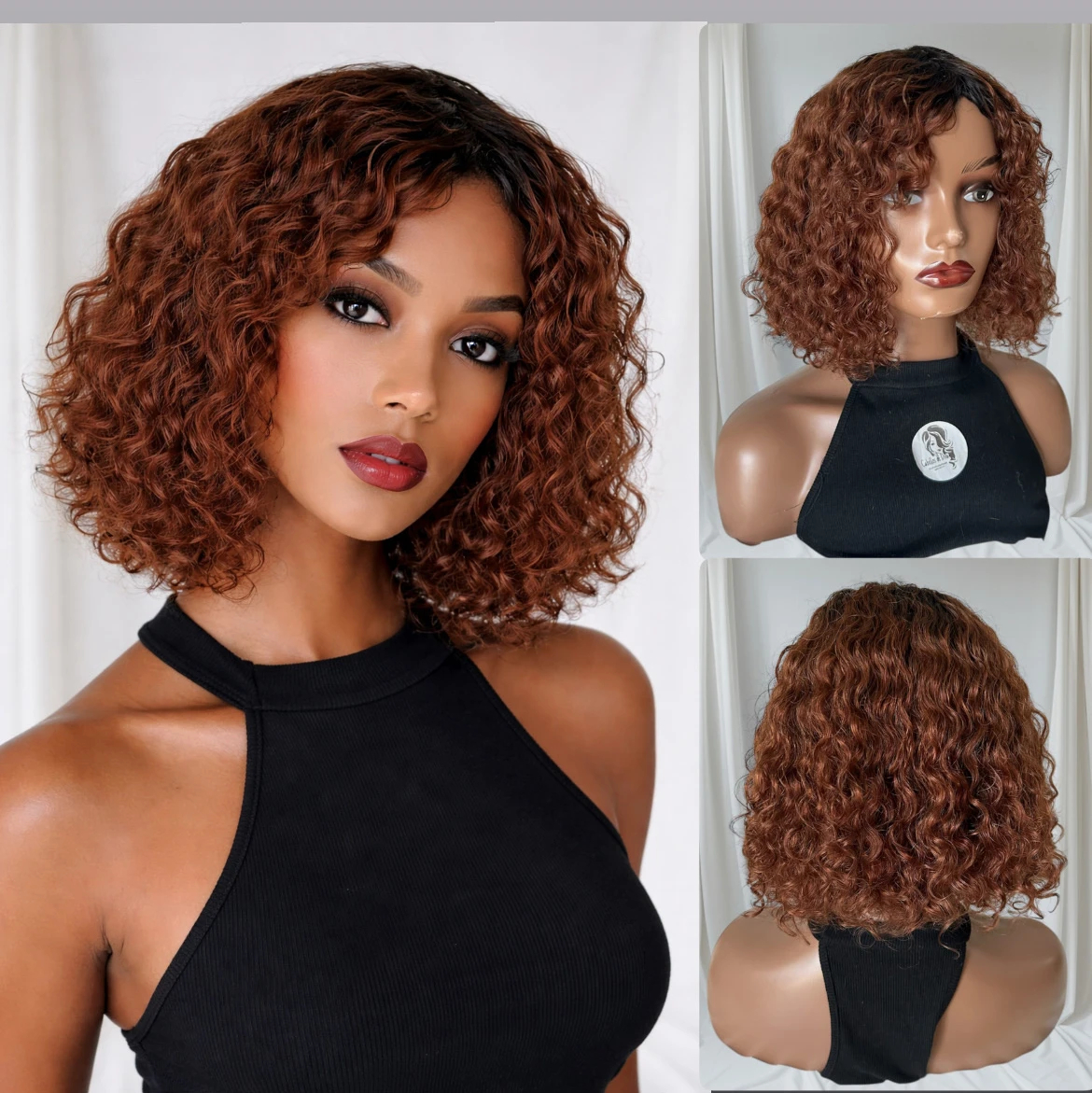 Pelucas Bob Rizadas Cortas de Color Marrón Rojizo, Peluca de Cabello Humano 100% Sin Pegamento con Flequillo, 12 Pulgadas Ondas de Agua Pelucas con Flequillo de Usar y Llevar 150% Densidad