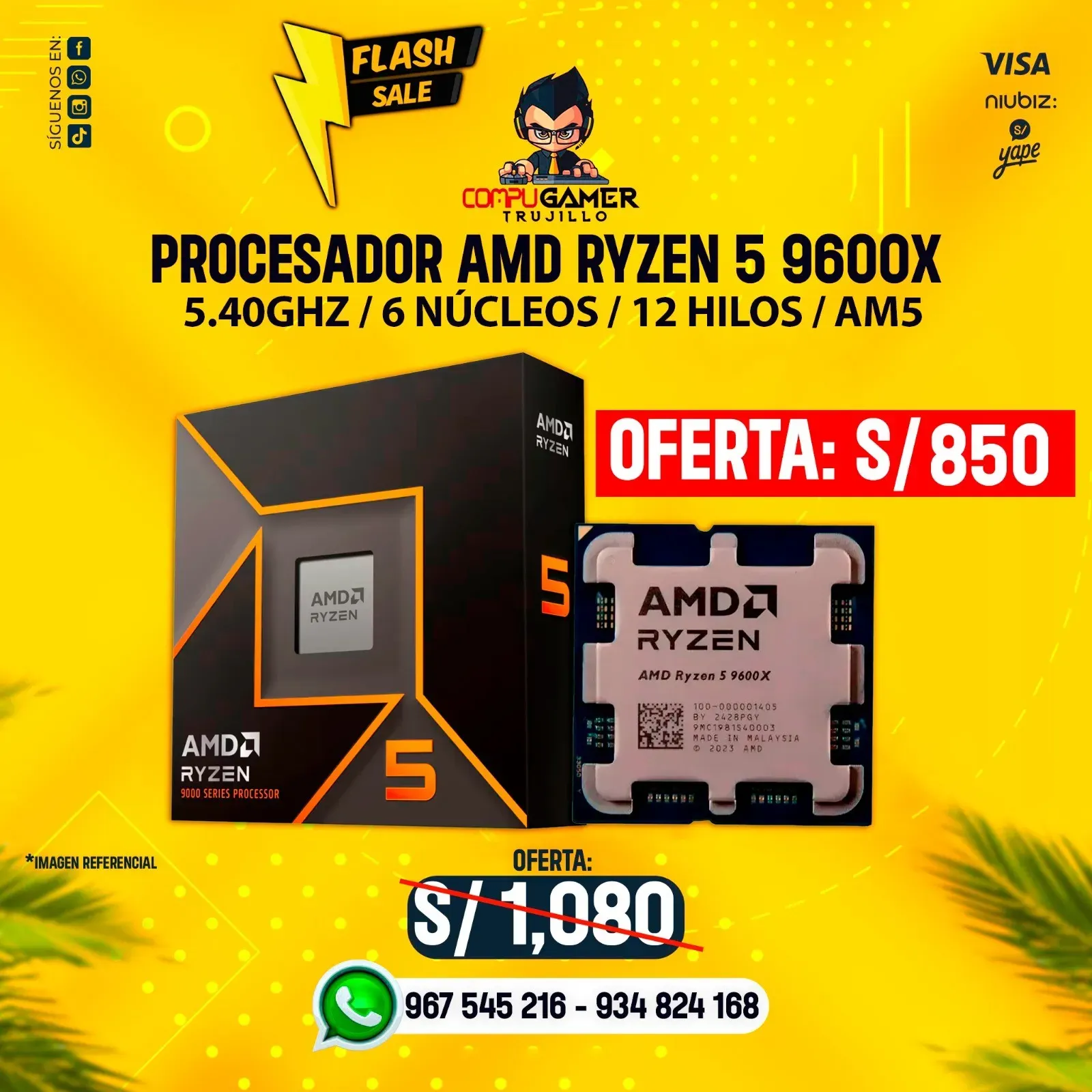 PROCESADOR AMD RYZEN 5 9600X AM5, 5.40GHZ, 6 NÚCLEOS, 12 HILOS